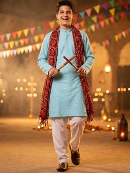 AJ Dezines - Sky Blue Sequence Embroidery Cotton Blend Kurta With Pyjama & Dupatta