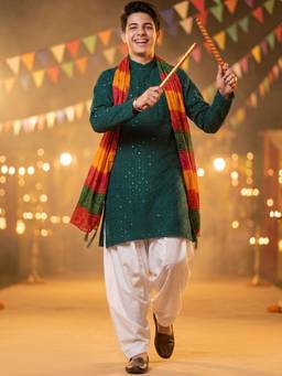 AJ Dezines - Green Sequence Embroidery Cotton Blend Kurta With Pyjama & Dupatta