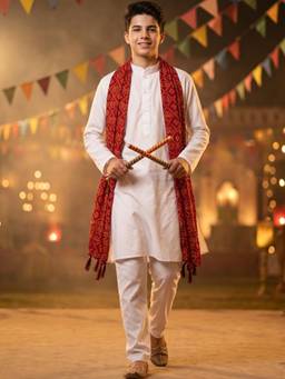 AJ Dezines - White Solid Pure Cotton Kurta Pyjama With Maroon Dupatta