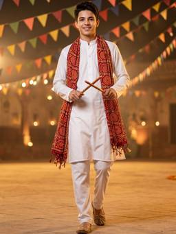 AJ Dezines - White Solid Pure Cotton Kurta Pyjama With Red Dupatta