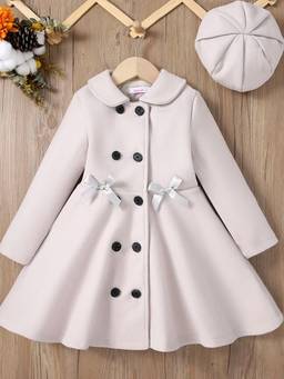 Hopscotch - Beige Bow Applique Long Coat With Hat