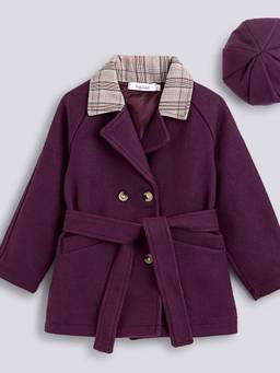 Hopscotch - Purple Plaid Collared Long Coat With Hat & Belt