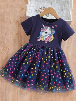 Hopscotch - Navy Blue Unicorn Heart Fit And Flare Dress