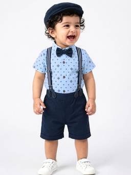 Hopscotch - Blue Printed Onesie With Shorts & Suspender & Hat