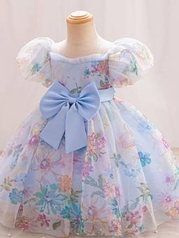 Hopscotch - Blue Bow Accent Floral Party Dress