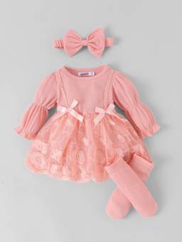 Hopscotch - Pink Floral Embroidered Dress Onesie With Headband & Pair Of Socks