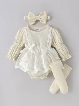 Hopscotch - Beige Floral Embroidered Dress Onesie With Headband & Pair Of Socks