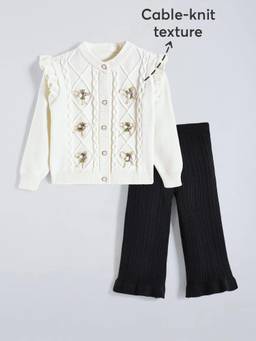 Hopscotch - Cream Floral Applique Cardigan And Pant