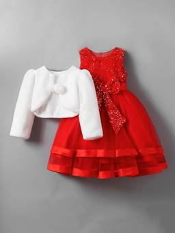 Hopscotch - Red Sequined Bow Applique Party Dress With Shrug