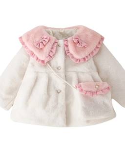 Hopscotch - White Girls White And Pink Bow Applique Full-Sleeve Jacket With Bag