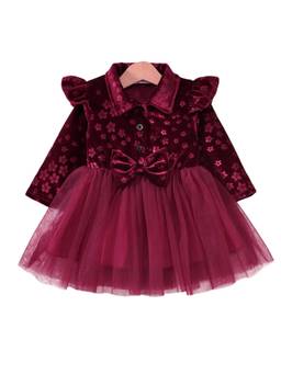Hopscotch - Burgundy Floral Applique Full-Sleeve Casual Dress