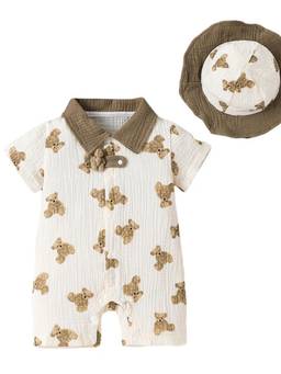 Hopscotch - White Pure Cotton Bear Romper With Cap