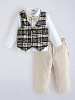Hopscotch - Multi-Color Classic Plaid Shirt With Waistcoat & Pant & Bow