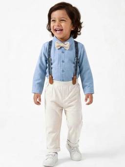Hopscotch - Blue Textured Formal Shirt With Pant & Suspender & Bow