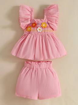 Hopscotch - Pink Floral Applique Gathered Top With Shorts