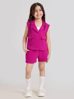 Hopscotch - Magenta Textured Jacket With Vest & Shorts