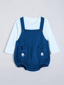 Hopscotch - Blue Bear Pocket Cotton Muslin T-Shirt With Onesie
