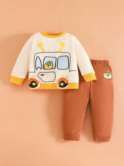 Hopscotch - White Car Applique Sweatshirt And Corduroy Joggers