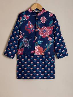 Hopscotch - Navy Blue Cotton Contrast Floral Kurta With Jacket & Pyjama