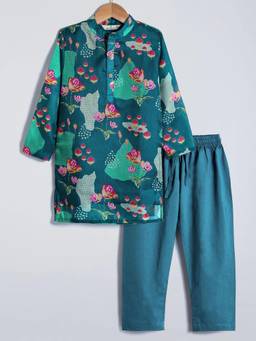 Hopscotch - Teal Mandarin Floral Cotton Kurta With Pyjama