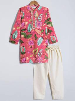 Hopscotch - Red Cotton Floral Kurta With Pyjama