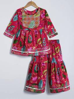 Hopscotch - Red Floral Embroidered Cotton Kurti With Sharara