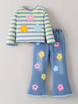 Hopscotch - Blue Striped Floral Applique Top With Jeans