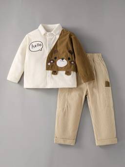 Hopscotch - White Teddy Bear Embroidered Shirt With Pant