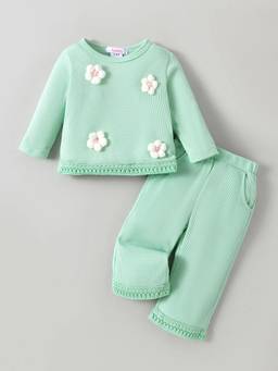 Hopscotch - Green Floral Applique Sweatshirt With Pant