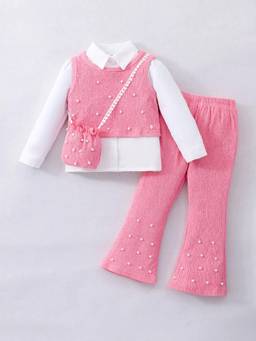 Hopscotch - Pink Pearl Embellished Shirt And Vest With Pant & Bag