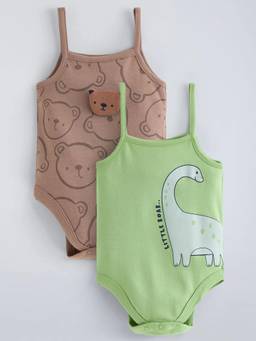 Hopscotch - Multi-Color Teddy And Dino Applique Cotton Onesies (Pack of 2)