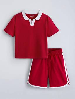 Hopscotch - Red Drop Shoulder Polo T-Shirt With Shorts