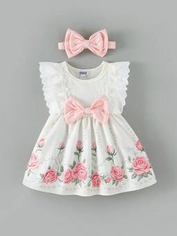 Hopscotch - White Ruffled Bow Applique Dress With Headband