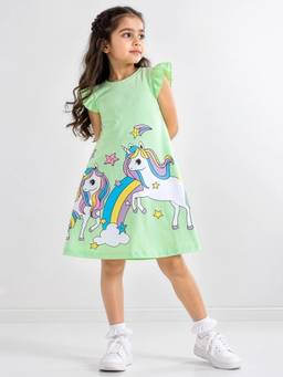 Hopscotch - Green Unicorn Ruffled Jersey A-Line Dress