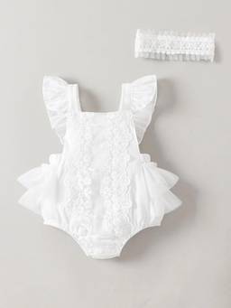 Hopscotch - White Lace Trim Onesie With Headband