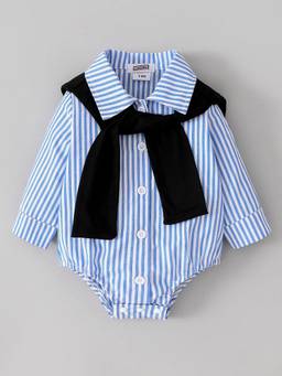 Hopscotch - Blue Striped Collared Onesie With Scarf