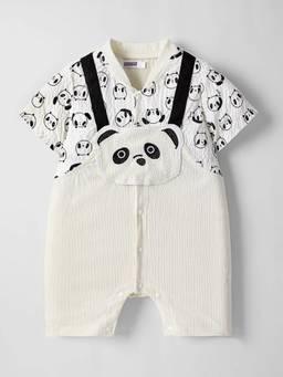 Hopscotch - Off White Panda Dungaree-Style Romper