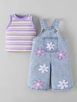 Hopscotch - Purple Floral Applique Striped T-Shirt With Dungaree