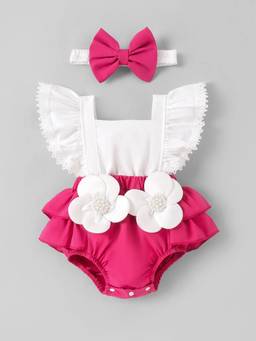Hopscotch - White Floral Applique Ruffled Onesie With Headband