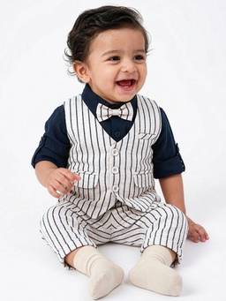Hopscotch - White Cotton Blend Full Sleeves Shirt With Waistcoat & Pant & Bow