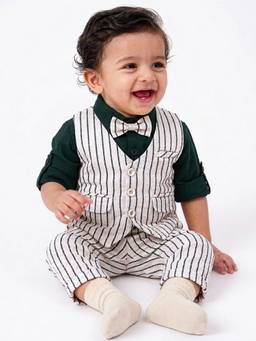 Hopscotch - White Cotton Full Sleeves Shirt With Waistcoat & Pant & Bow