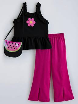 Hopscotch - Black Floral Applique Ruffled Top With Pant & Bag