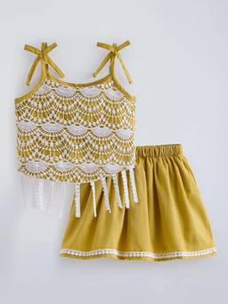 Hopscotch - Mustard Lace Embellished Top And Skirt