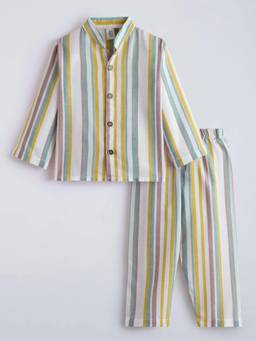 Hopscotch - Multi-Color Cotton Striped Sleepwear Shirt With Pyjama