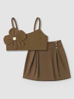 Hopscotch - Brown 3D Floral Applique Pearl Crop Top With Skirt