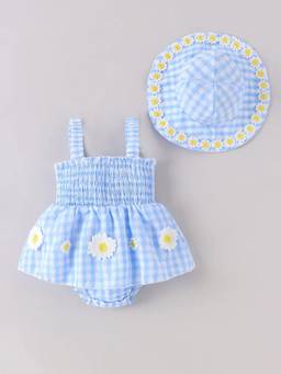 Hopscotch - Blue Daisy Applique Gingham Onesie With Hat
