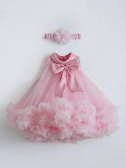 Hopscotch - Pink Ruffled Bow Applique Dress With Headband