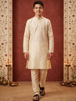 AJ Dezines - Cream Solid Silk Blend Kurta And Pyjama