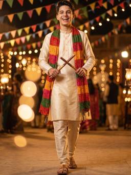 AJ Dezines - Cream Solid Silk Blend Kurta Pyjama With Multicolor Dupatta
