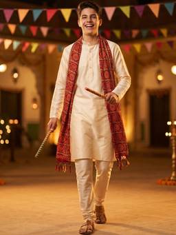 AJ Dezines - Cream Solid Silk Blend Kurta Pyjama With Red Dupatta